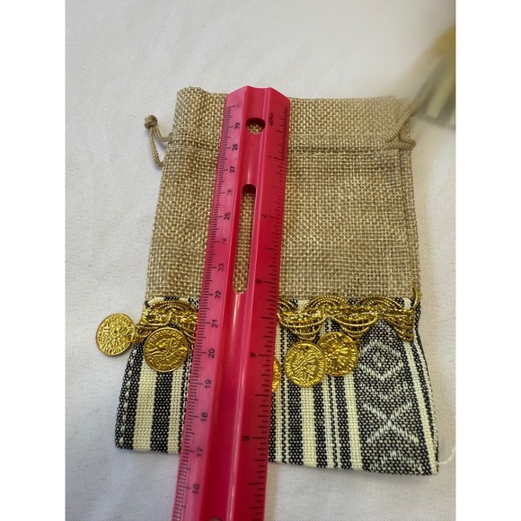 Set of 12 Henna Jute Drawstring Pouches with Decorative Coins and Colorful Trim - Picture 5 of 12